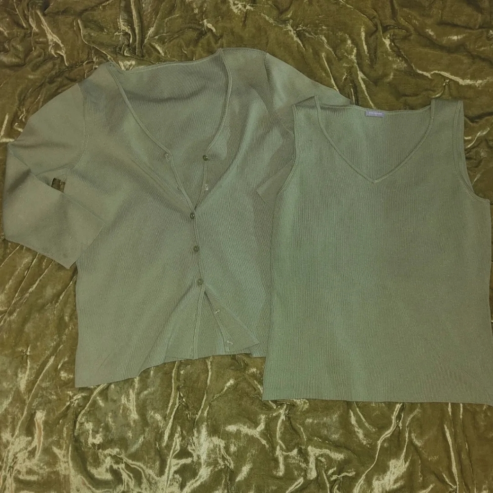 sage green Ann Taylor top + cardigan set